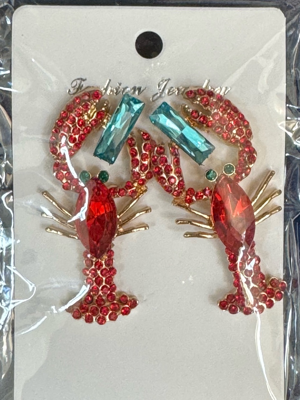 NWT Frida Rose Red Lobster Crystal Drop Earrings with Teal and Gold Accents